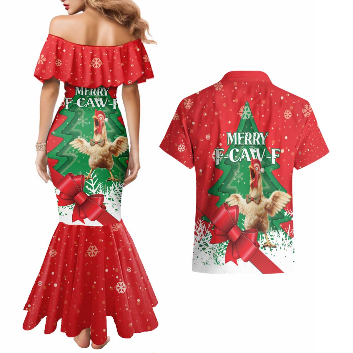 Funny Christmas Chicken Couples Matching Mermaid Dress and Hawaiian Shirt Merry F Caw F - Wonder Print Shop