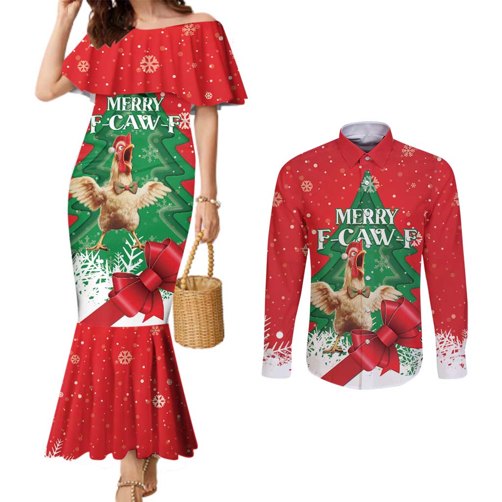 Funny Christmas Chicken Couples Matching Mermaid Dress and Long Sleeve Button Shirt Merry F Caw F - Wonder Print Shop