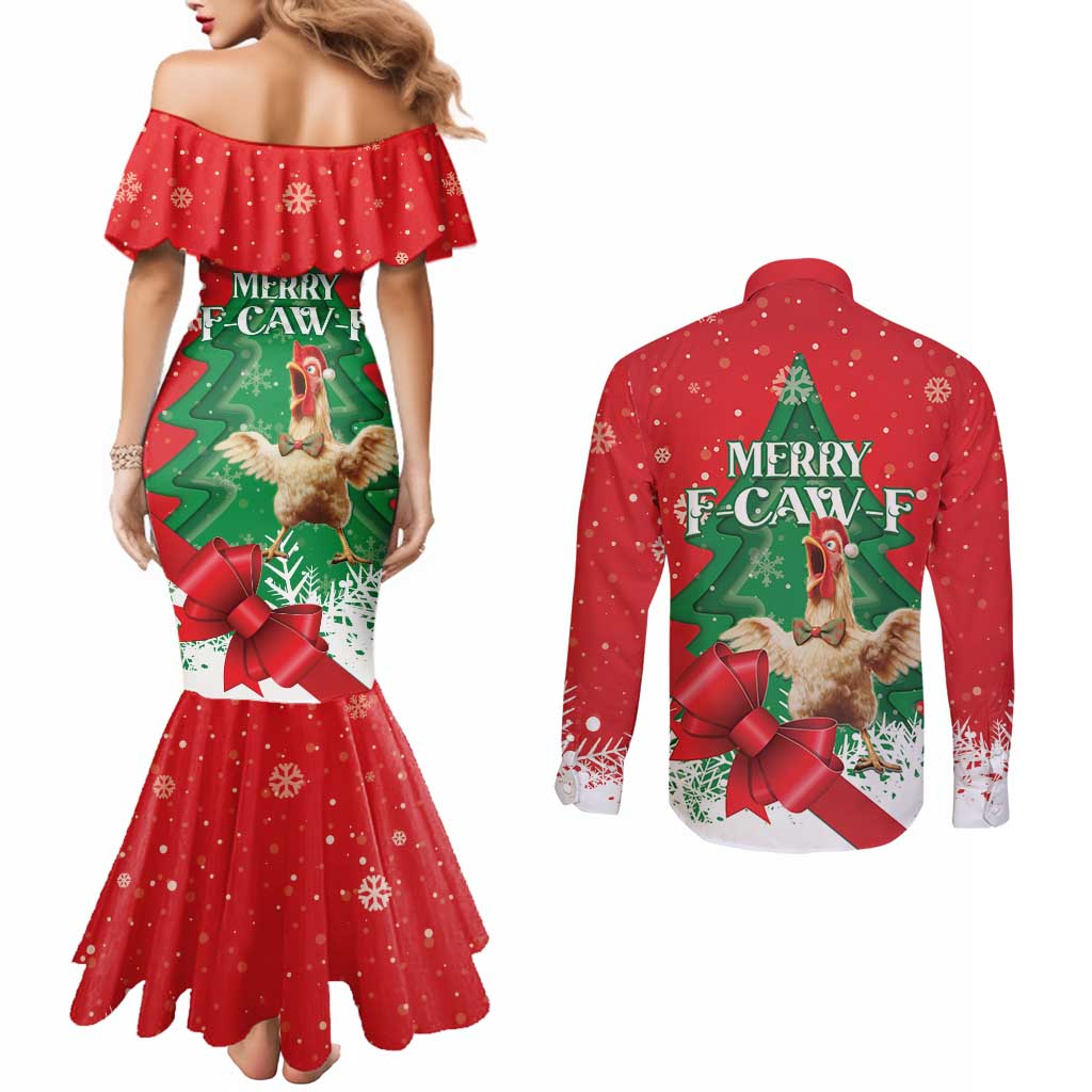 Funny Christmas Chicken Couples Matching Mermaid Dress and Long Sleeve Button Shirt Merry F Caw F - Wonder Print Shop