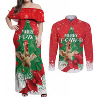 Funny Christmas Chicken Couples Matching Off Shoulder Maxi Dress and Long Sleeve Button Shirt Merry F Caw F - Wonder Print Shop