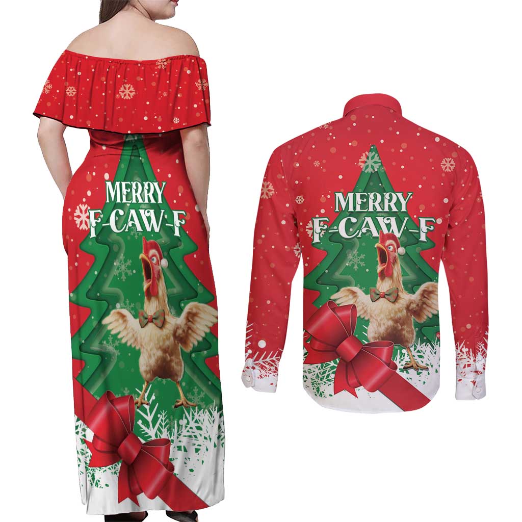 Funny Christmas Chicken Couples Matching Off Shoulder Maxi Dress and Long Sleeve Button Shirt Merry F Caw F - Wonder Print Shop