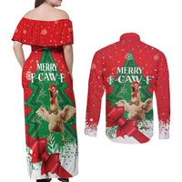 Funny Christmas Chicken Couples Matching Off Shoulder Maxi Dress and Long Sleeve Button Shirt Merry F Caw F - Wonder Print Shop