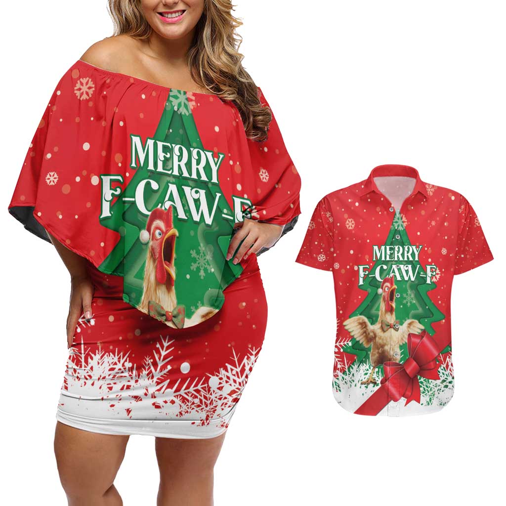 Funny Christmas Chicken Couples Matching Off Shoulder Short Dress and Hawaiian Shirt Merry F Caw F - Wonder Print Shop