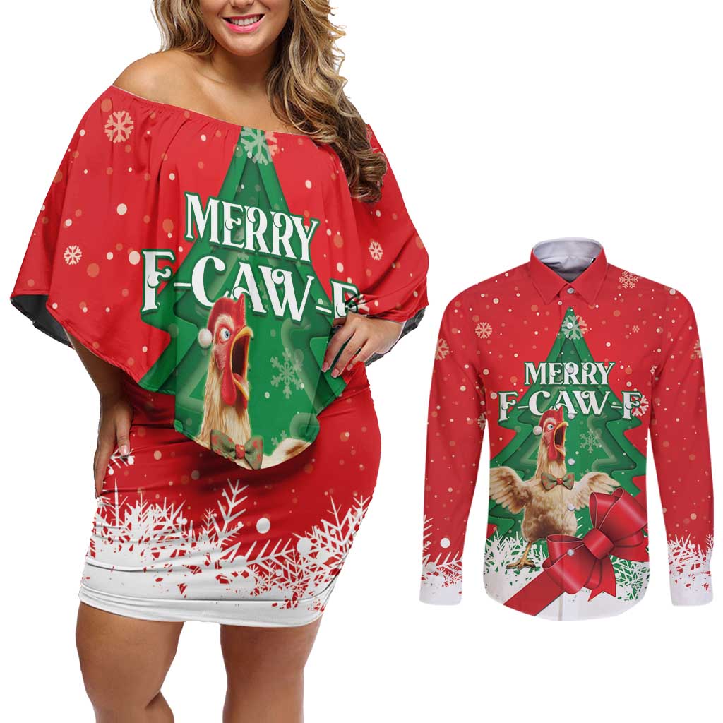 Funny Christmas Chicken Couples Matching Off Shoulder Short Dress and Long Sleeve Button Shirt Merry F Caw F - Wonder Print Shop