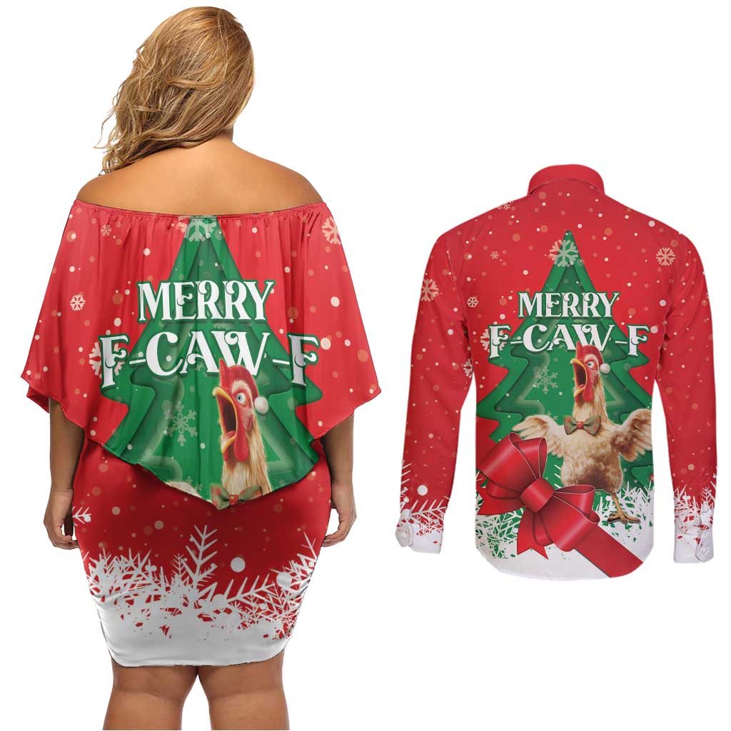 Funny Christmas Chicken Couples Matching Off Shoulder Short Dress and Long Sleeve Button Shirt Merry F Caw F - Wonder Print Shop