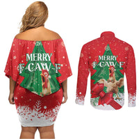 Funny Christmas Chicken Couples Matching Off Shoulder Short Dress and Long Sleeve Button Shirt Merry F Caw F - Wonder Print Shop