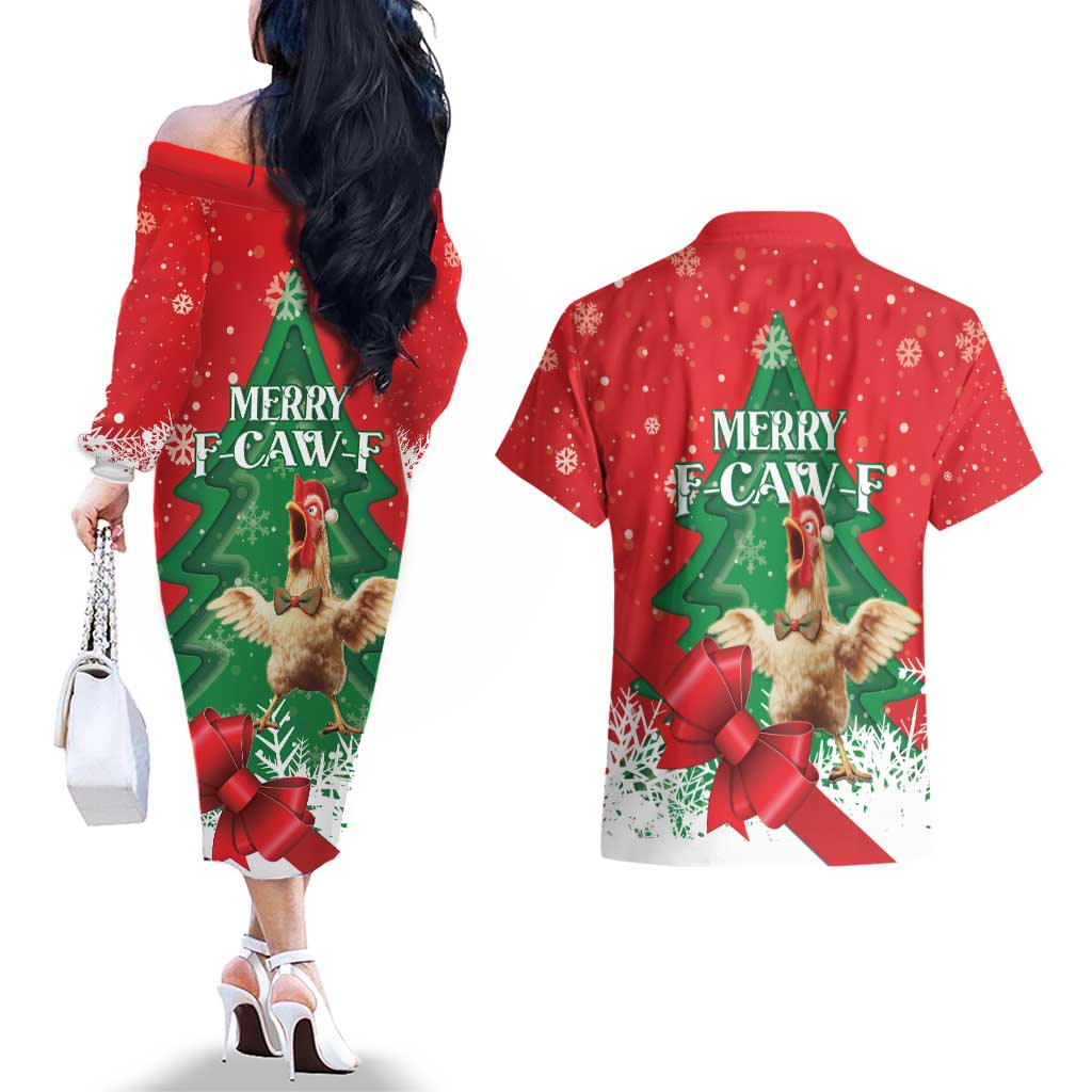 Funny Christmas Chicken Couples Matching Off The Shoulder Long Sleeve Dress and Hawaiian Shirt Merry F Caw F - Wonder Print Shop