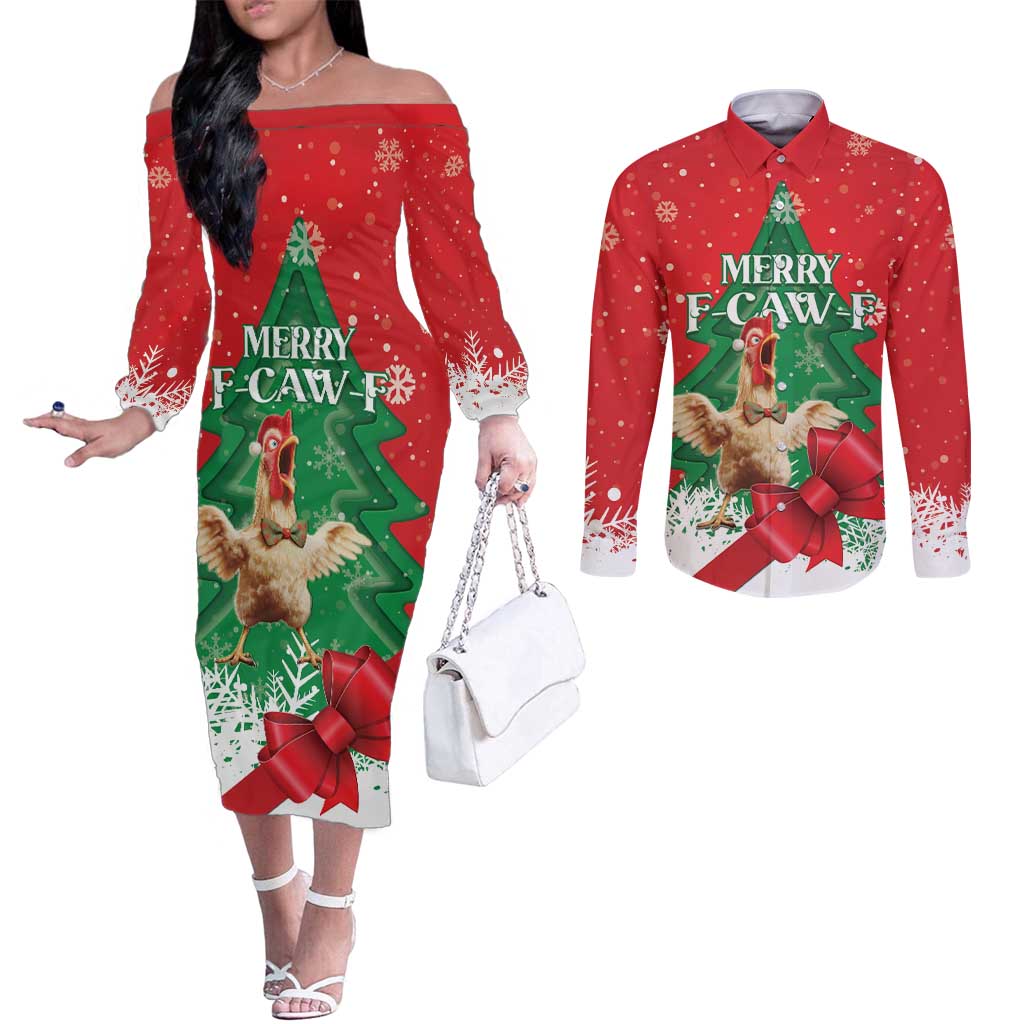 Funny Christmas Chicken Couples Matching Off The Shoulder Long Sleeve Dress and Long Sleeve Button Shirt Merry F Caw F - Wonder Print Shop