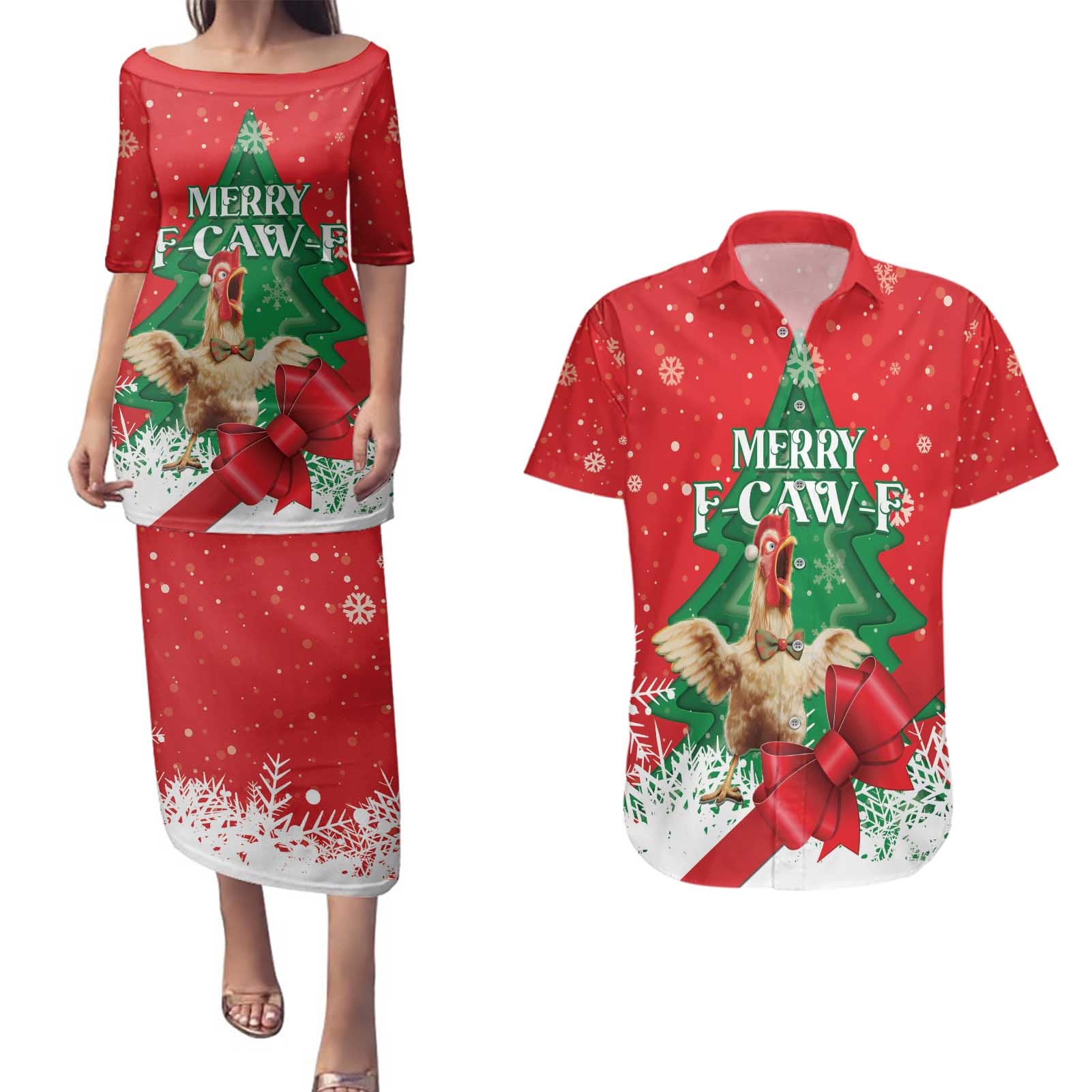 Funny Christmas Chicken Couples Matching Puletasi and Hawaiian Shirt Merry F Caw F - Wonder Print Shop