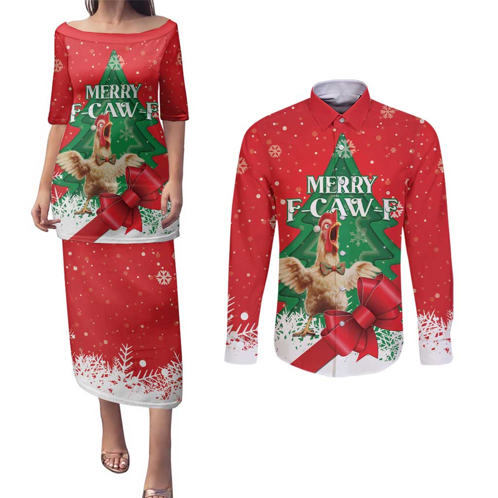 Funny Christmas Chicken Couples Matching Puletasi and Long Sleeve Button Shirt Merry F Caw F - Wonder Print Shop