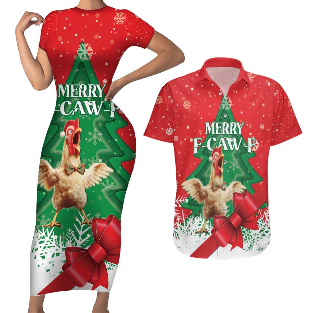 Funny Christmas Chicken Couples Matching Short Sleeve Bodycon Dress and Hawaiian Shirt Merry F Caw F - Wonder Print Shop
