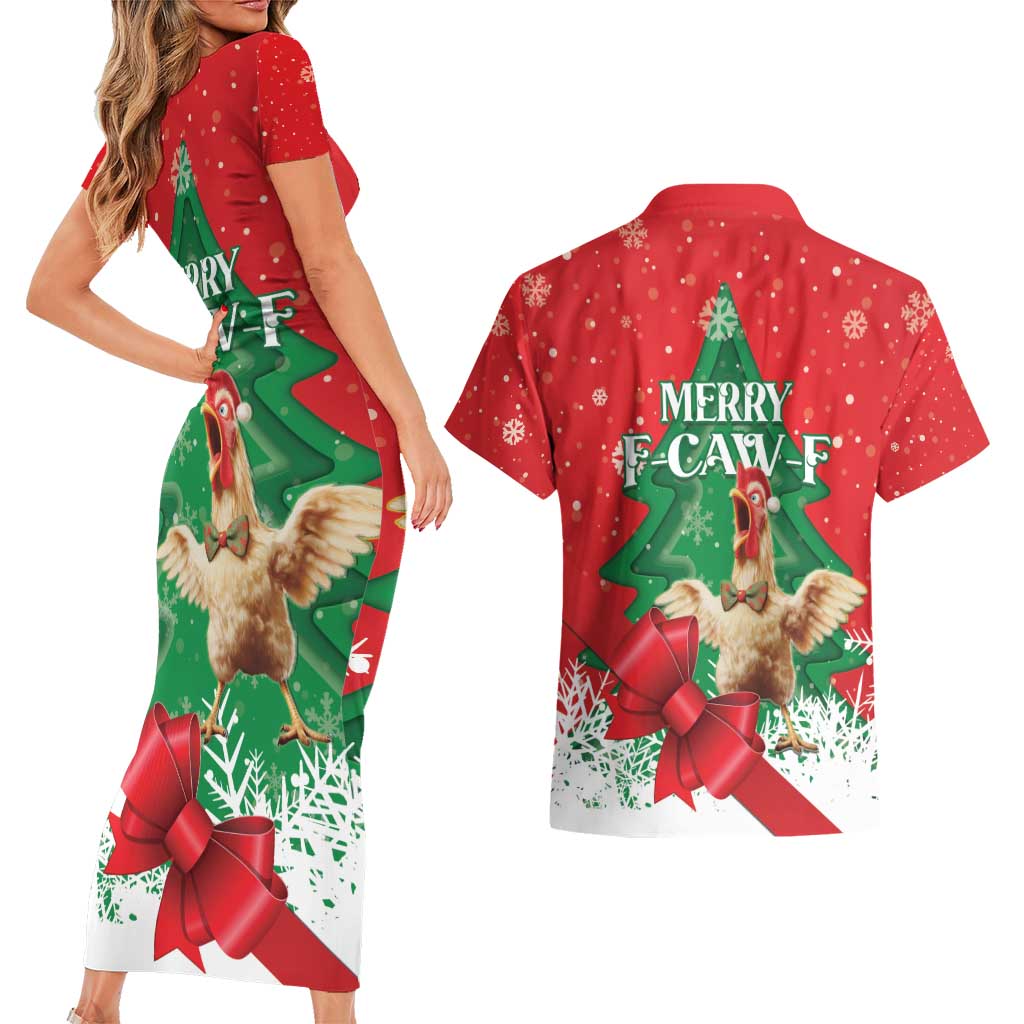 Funny Christmas Chicken Couples Matching Short Sleeve Bodycon Dress and Hawaiian Shirt Merry F Caw F - Wonder Print Shop