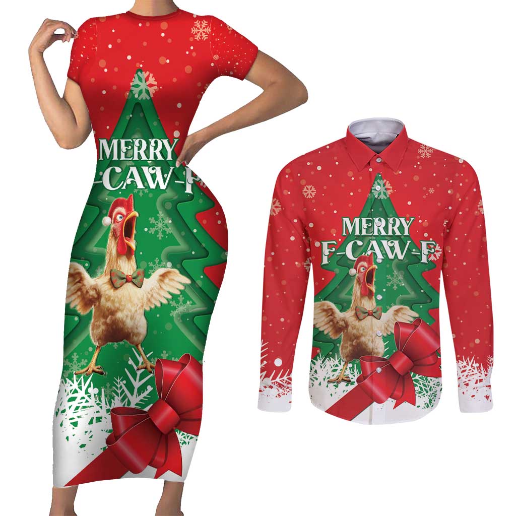 Funny Christmas Chicken Couples Matching Short Sleeve Bodycon Dress and Long Sleeve Button Shirt Merry F Caw F - Wonder Print Shop