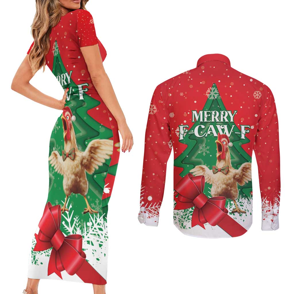Funny Christmas Chicken Couples Matching Short Sleeve Bodycon Dress and Long Sleeve Button Shirt Merry F Caw F - Wonder Print Shop