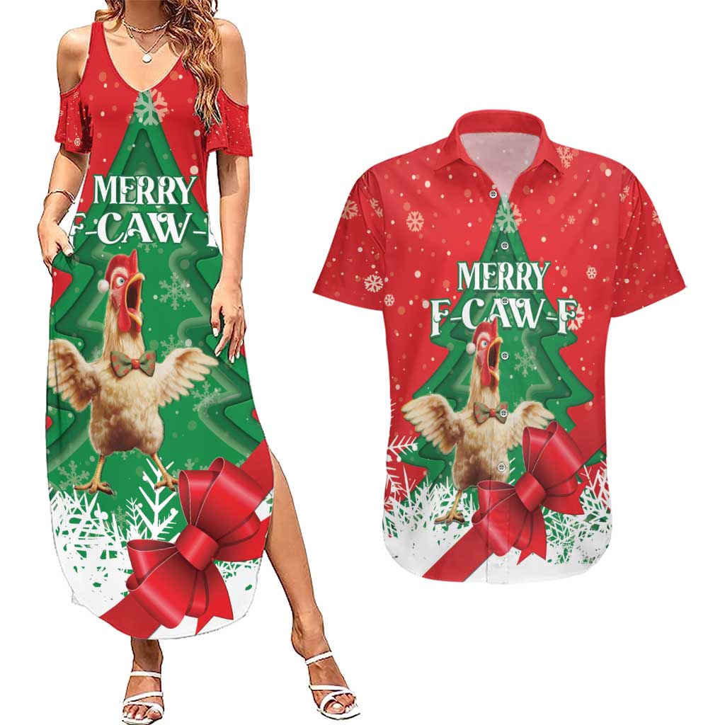 Funny Christmas Chicken Couples Matching Summer Maxi Dress and Hawaiian Shirt Merry F Caw F - Wonder Print Shop