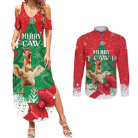 Funny Christmas Chicken Couples Matching Summer Maxi Dress and Long Sleeve Button Shirt Merry F Caw F - Wonder Print Shop