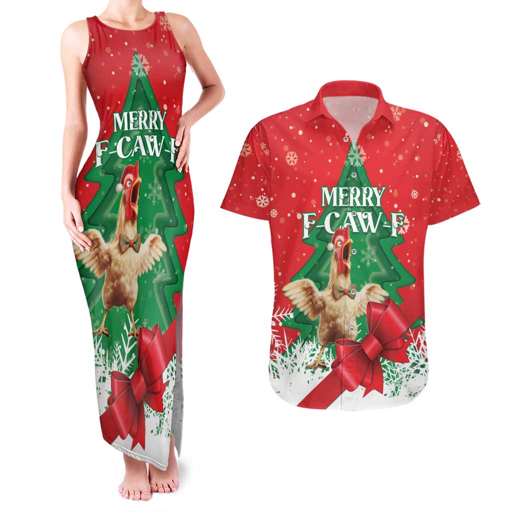 Funny Christmas Chicken Couples Matching Tank Maxi Dress and Hawaiian Shirt Merry F Caw F - Wonder Print Shop