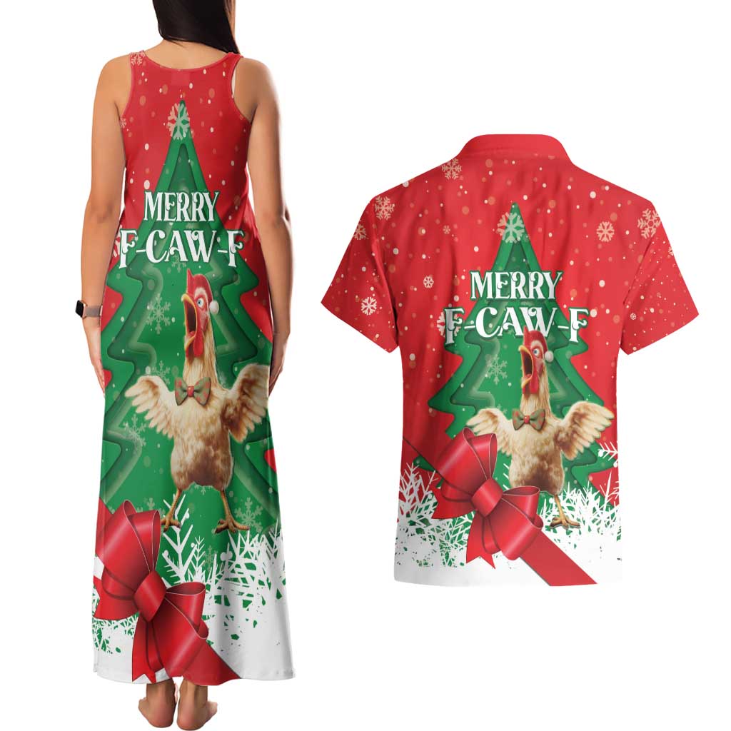 Funny Christmas Chicken Couples Matching Tank Maxi Dress and Hawaiian Shirt Merry F Caw F - Wonder Print Shop