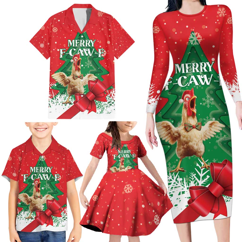 Funny Christmas Chicken Family Matching Long Sleeve Bodycon Dress and Hawaiian Shirt Merry F Caw F - Wonder Print Shop
