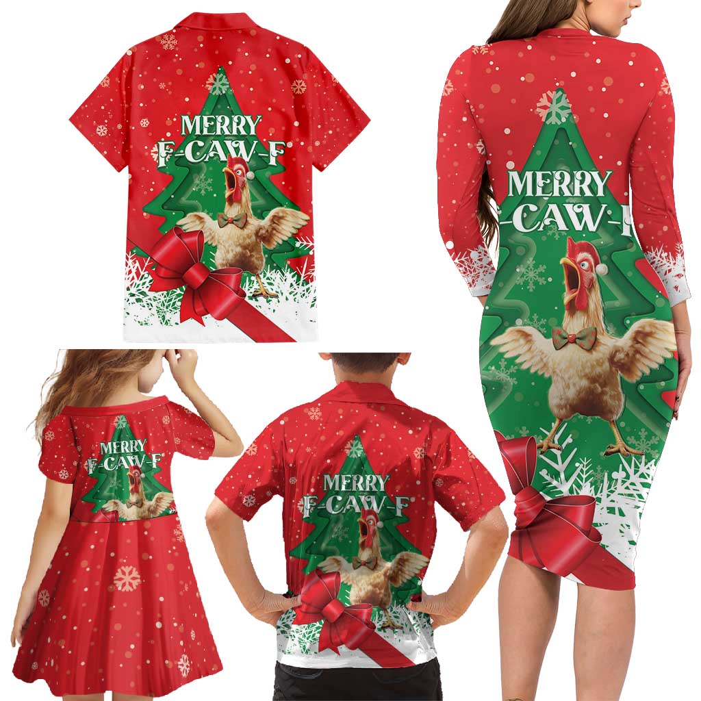 Funny Christmas Chicken Family Matching Long Sleeve Bodycon Dress and Hawaiian Shirt Merry F Caw F - Wonder Print Shop