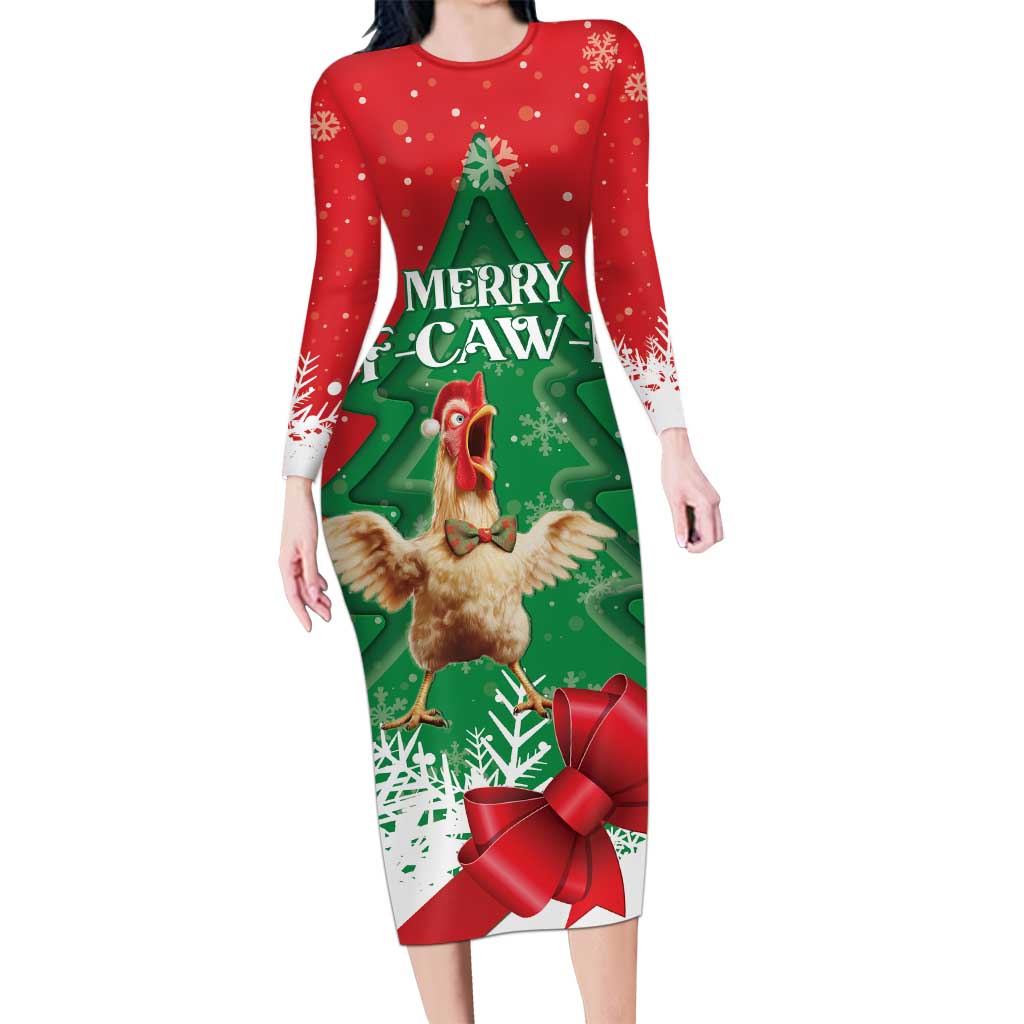 Funny Christmas Chicken Family Matching Long Sleeve Bodycon Dress and Hawaiian Shirt Merry F Caw F - Wonder Print Shop