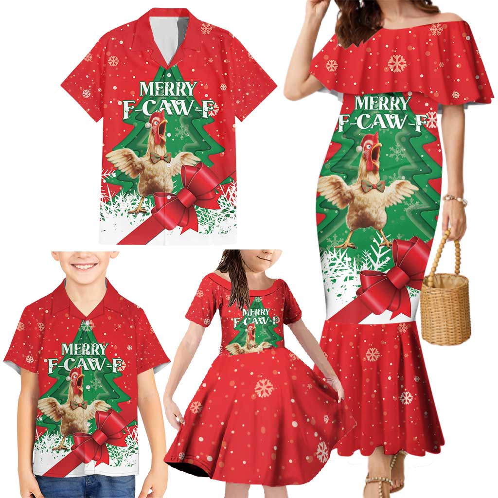 Funny Christmas Chicken Family Matching Mermaid Dress and Hawaiian Shirt Merry F Caw F - Wonder Print Shop
