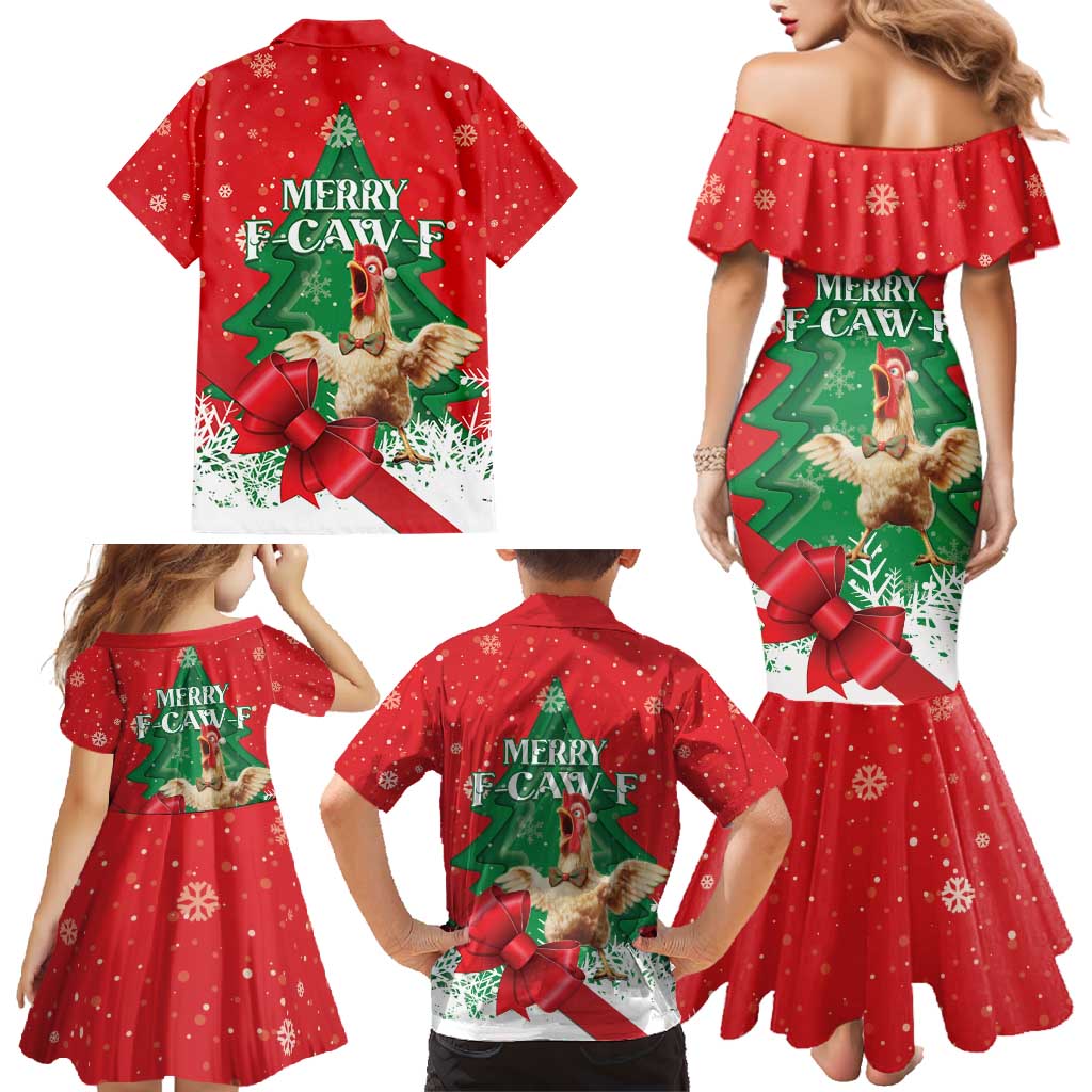 Funny Christmas Chicken Family Matching Mermaid Dress and Hawaiian Shirt Merry F Caw F - Wonder Print Shop