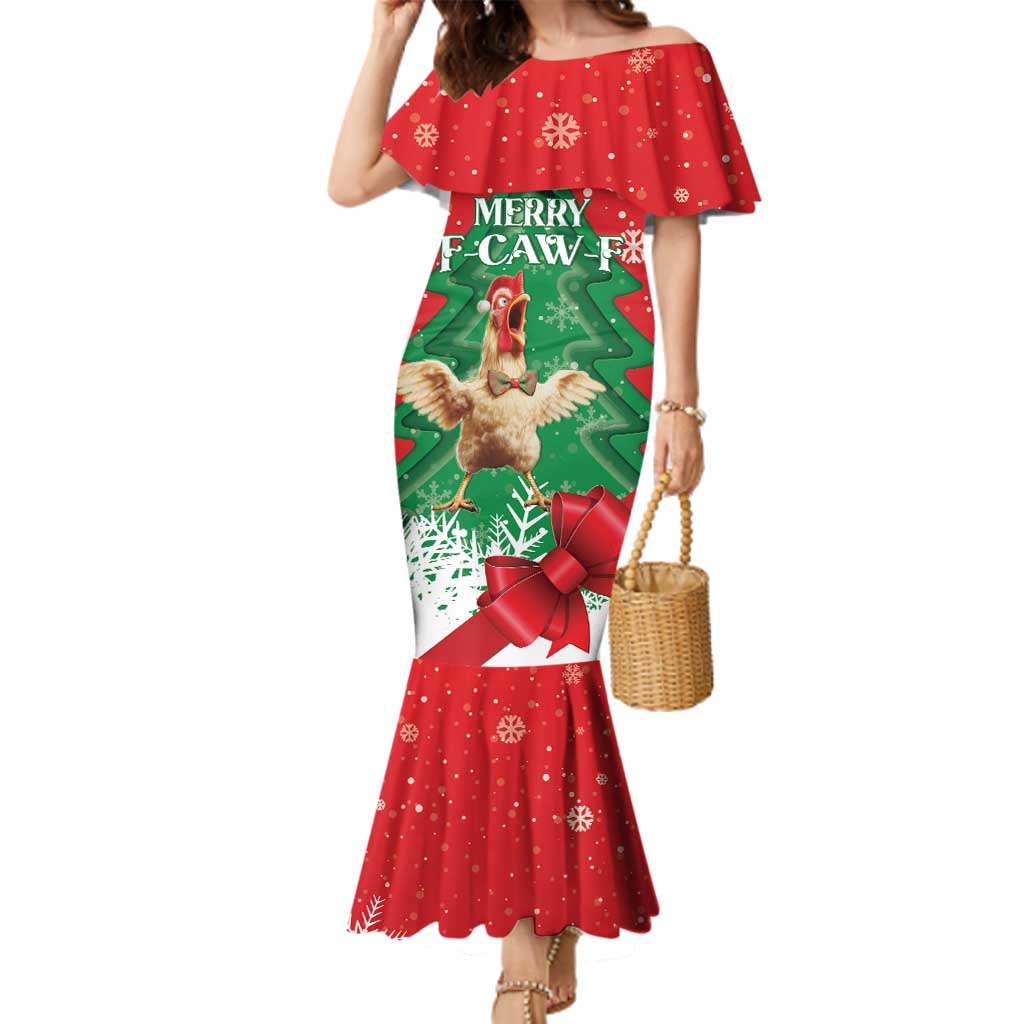 Funny Christmas Chicken Family Matching Mermaid Dress and Hawaiian Shirt Merry F Caw F - Wonder Print Shop