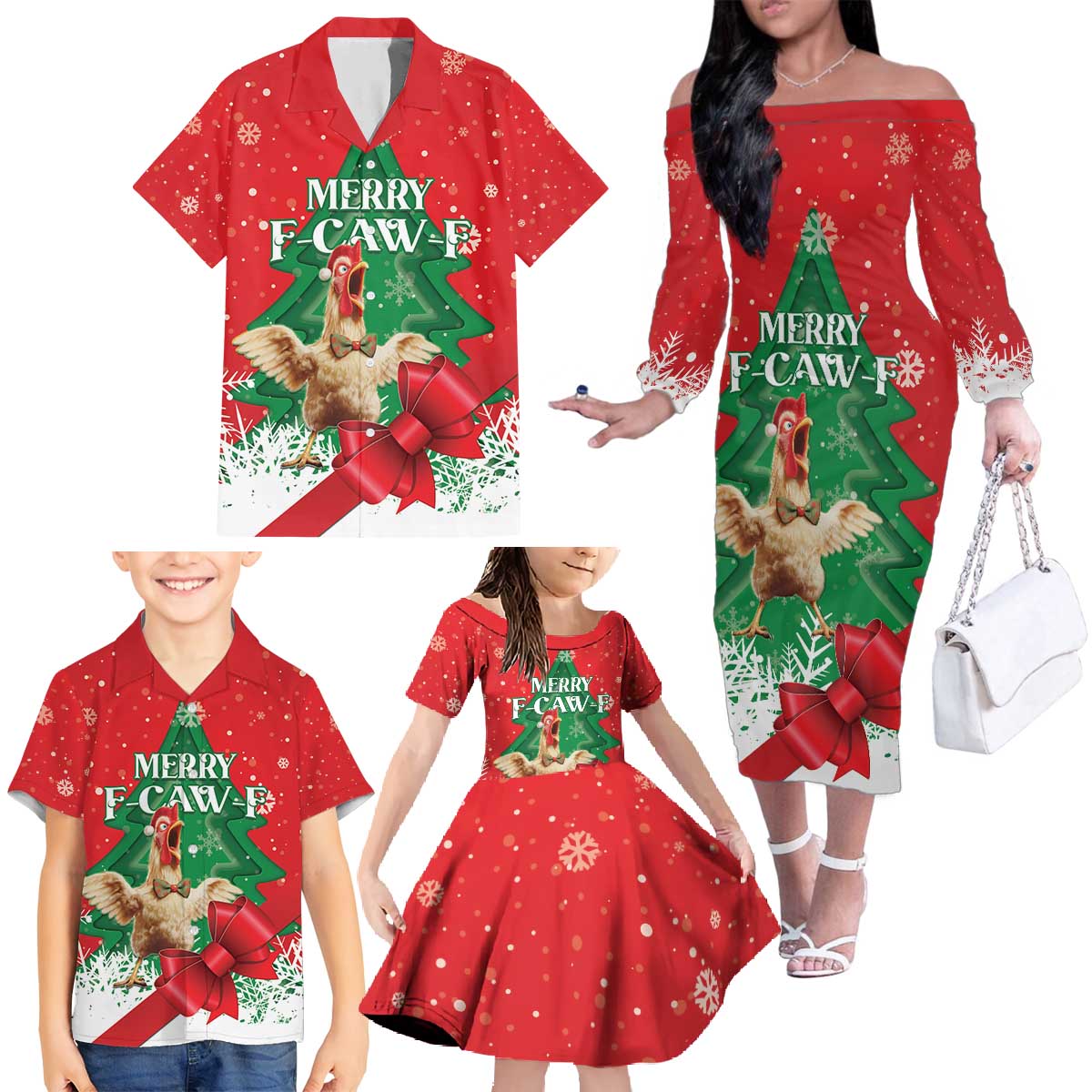 Funny Christmas Chicken Family Matching Off The Shoulder Long Sleeve Dress and Hawaiian Shirt Merry F Caw F - Wonder Print Shop