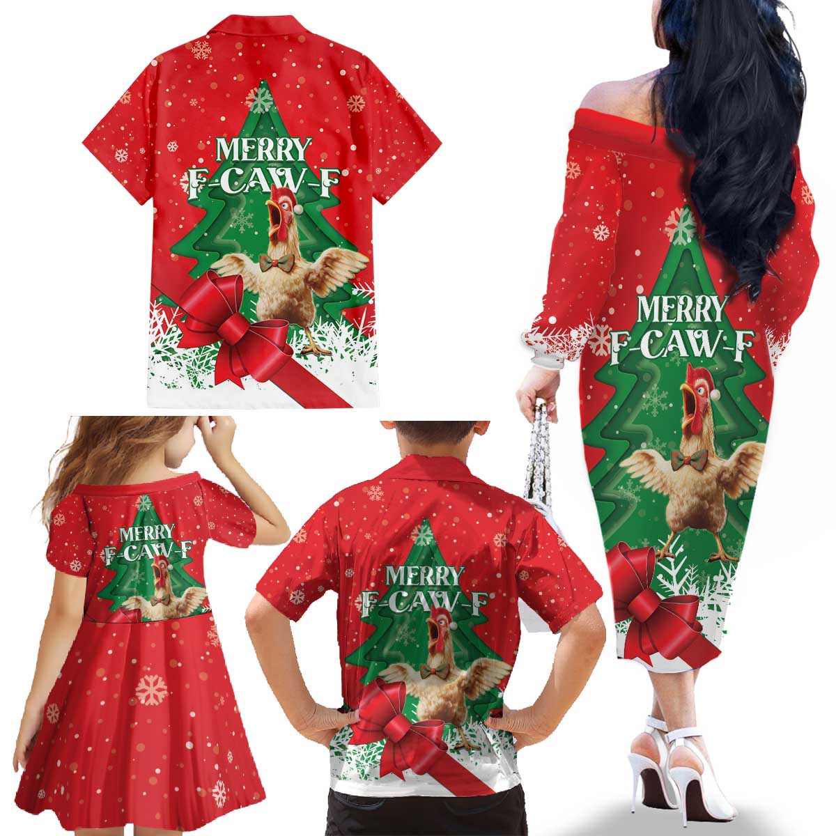 Funny Christmas Chicken Family Matching Off The Shoulder Long Sleeve Dress and Hawaiian Shirt Merry F Caw F - Wonder Print Shop