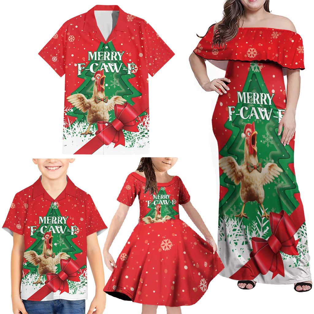Funny Christmas Chicken Family Matching Off Shoulder Maxi Dress and Hawaiian Shirt Merry F Caw F - Wonder Print Shop