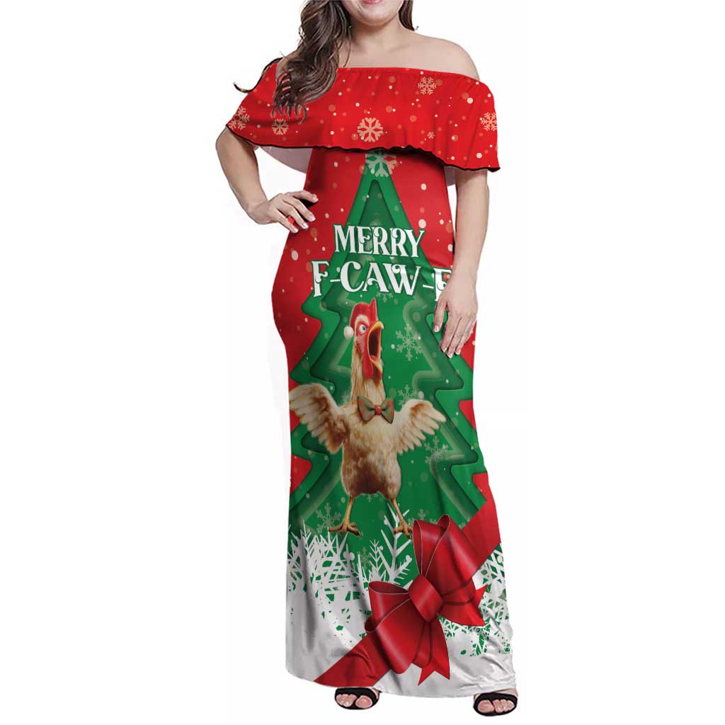 Funny Christmas Chicken Family Matching Off Shoulder Maxi Dress and Hawaiian Shirt Merry F Caw F - Wonder Print Shop