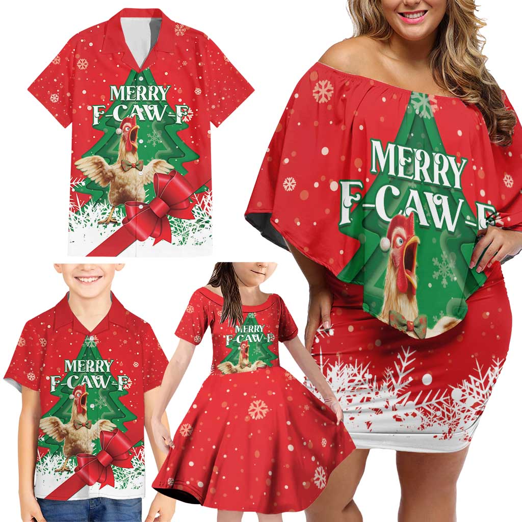 Funny Christmas Chicken Family Matching Off Shoulder Short Dress and Hawaiian Shirt Merry F Caw F - Wonder Print Shop