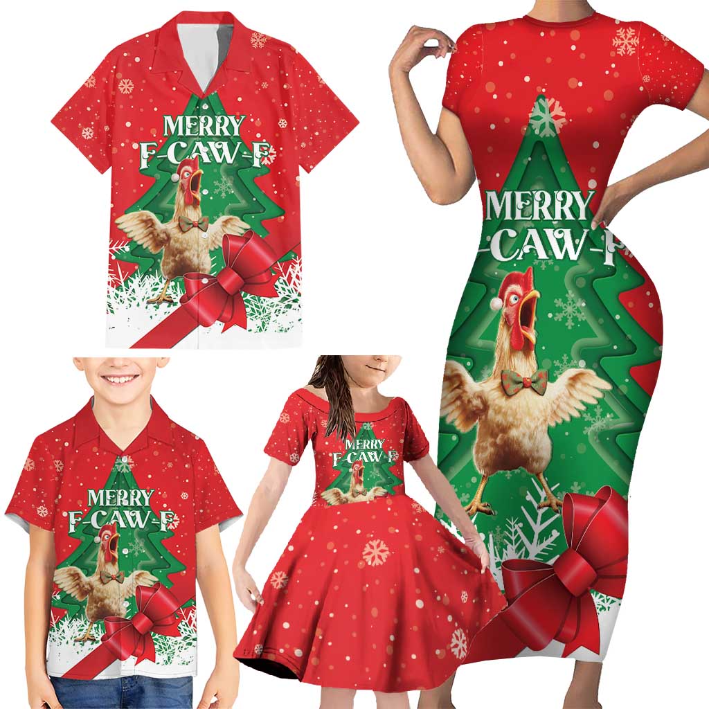 Funny Christmas Chicken Family Matching Short Sleeve Bodycon Dress and Hawaiian Shirt Merry F Caw F - Wonder Print Shop