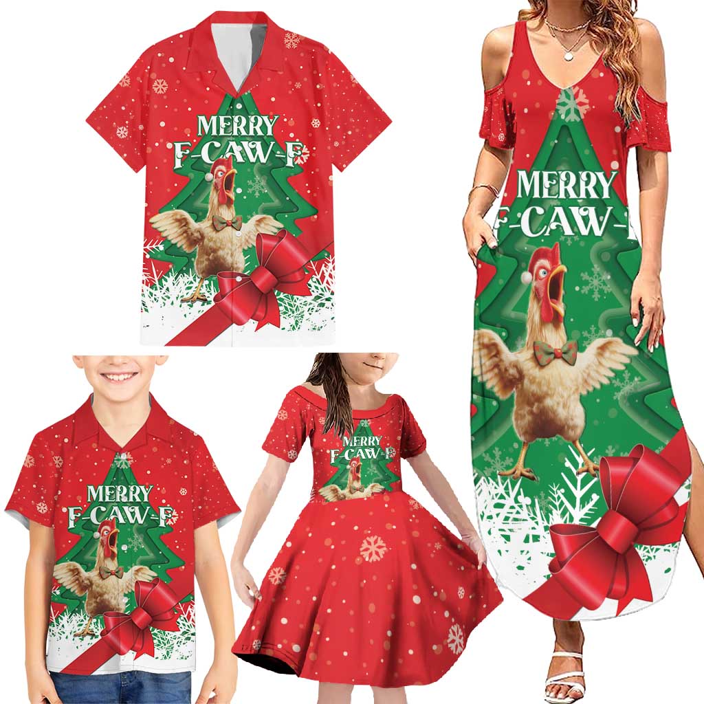 Funny Christmas Chicken Family Matching Summer Maxi Dress and Hawaiian Shirt Merry F Caw F - Wonder Print Shop