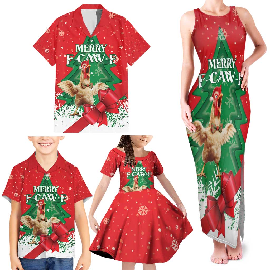 Funny Christmas Chicken Family Matching Tank Maxi Dress and Hawaiian Shirt Merry F Caw F - Wonder Print Shop