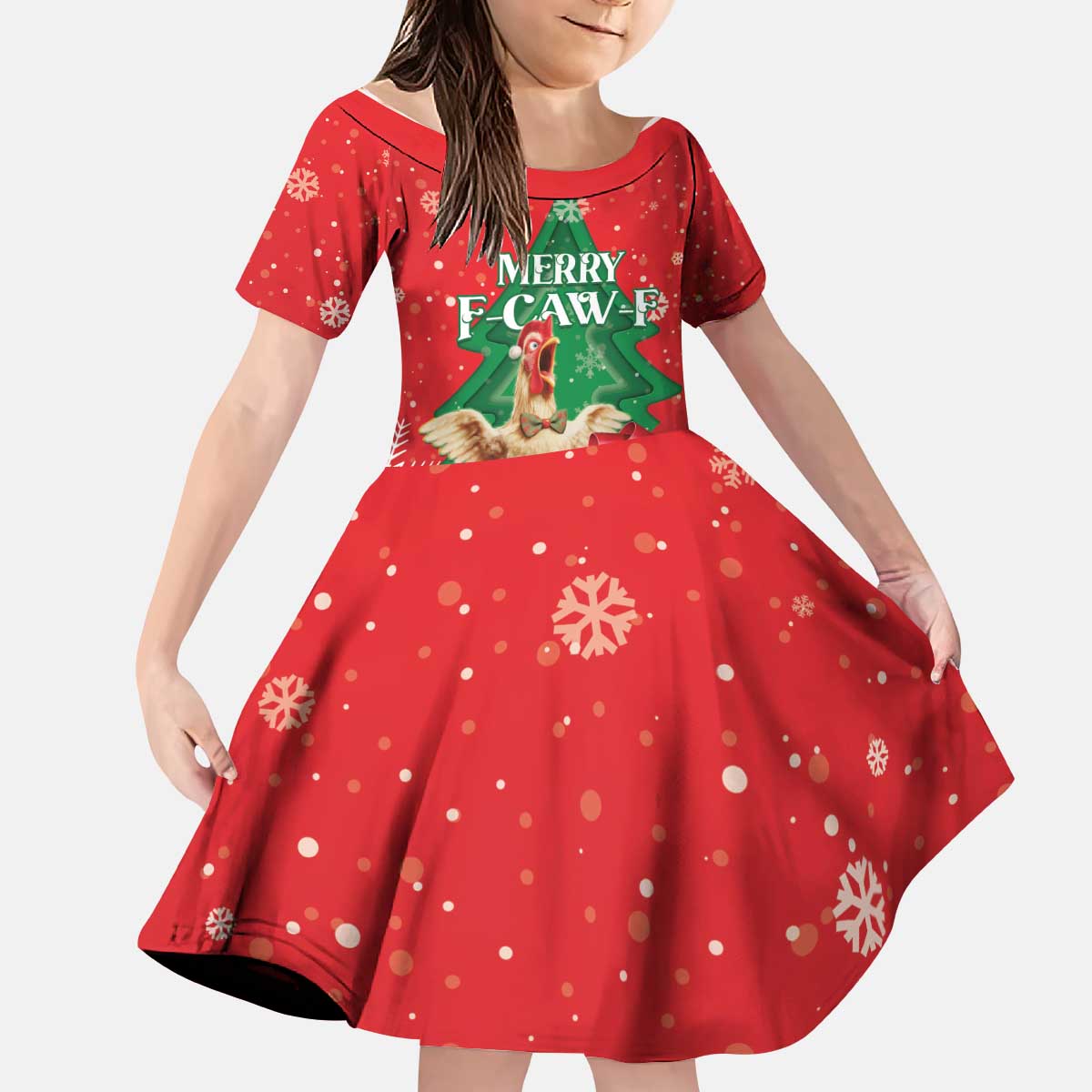 Funny Christmas Chicken Kid Short Sleeve Dress Merry F Caw F - Wonder Print Shop