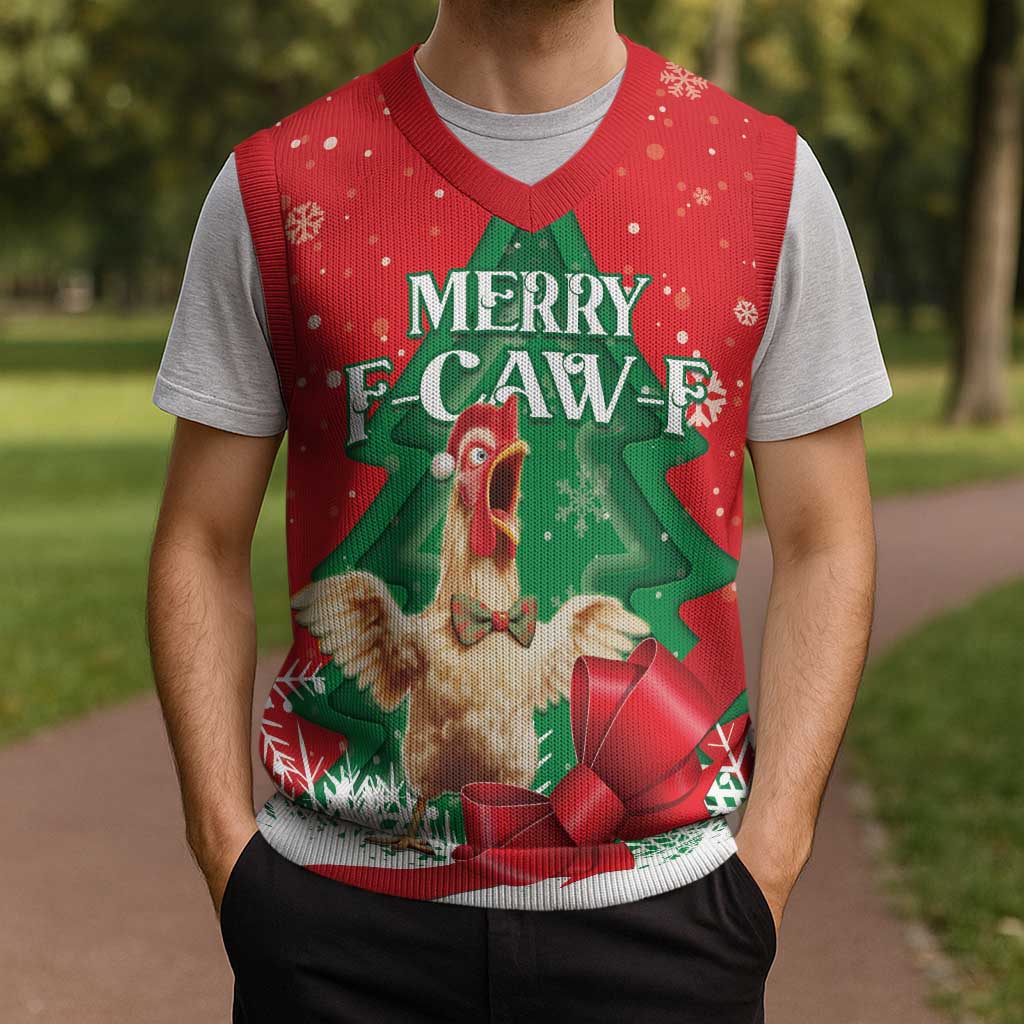 Funny Christmas Chicken Christmas Knitted V-Neck Vest Merry F Caw F - Wonder Print Shop