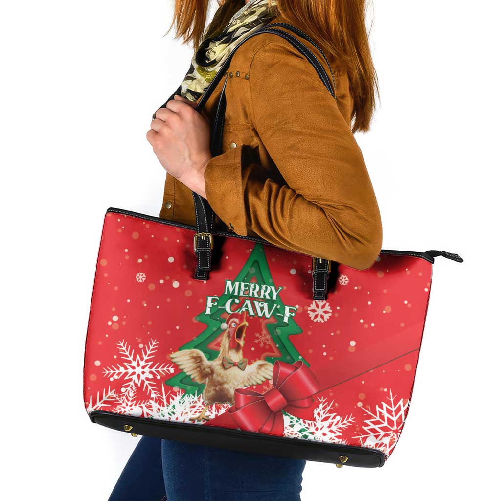 Funny Christmas Chicken Leather Tote Bag Merry F Caw F - Wonder Print Shop