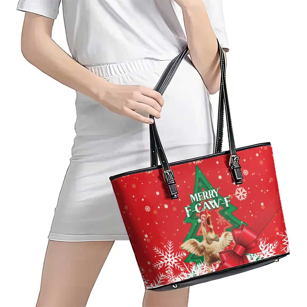 Funny Christmas Chicken Leather Tote Bag Merry F Caw F - Wonder Print Shop