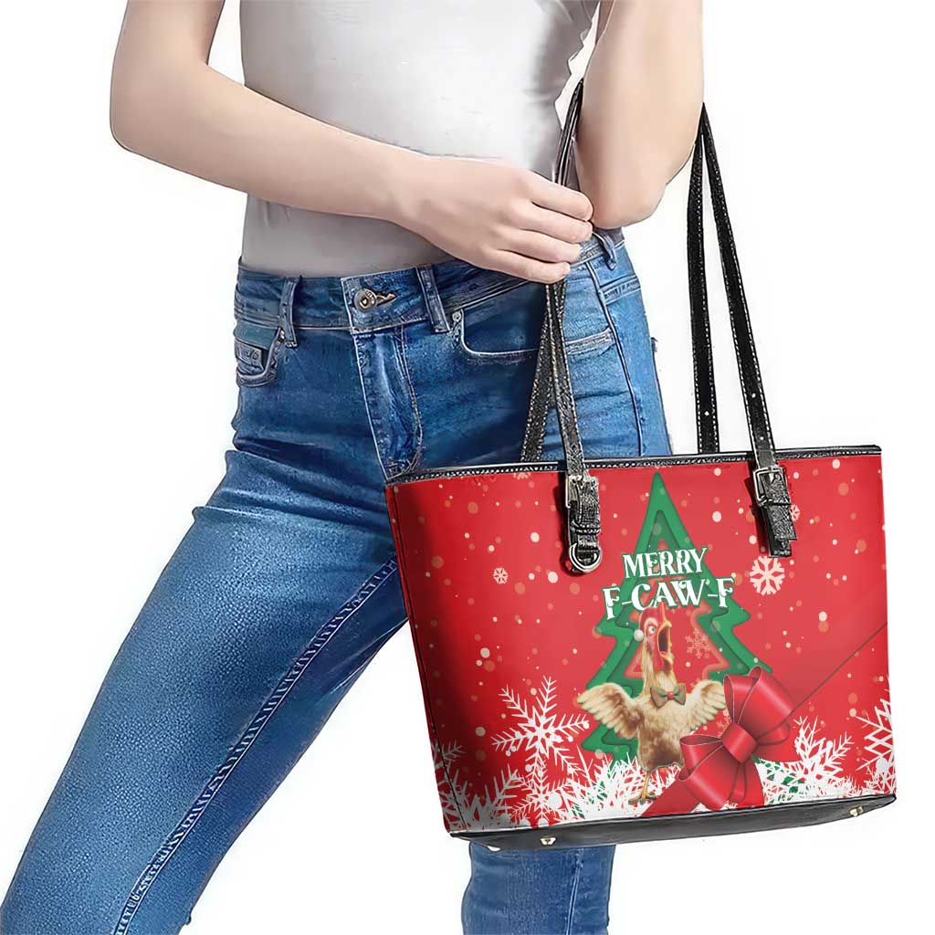 Funny Christmas Chicken Leather Tote Bag Merry F Caw F - Wonder Print Shop
