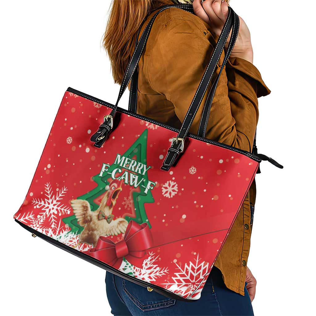 Funny Christmas Chicken Leather Tote Bag Merry F Caw F - Wonder Print Shop