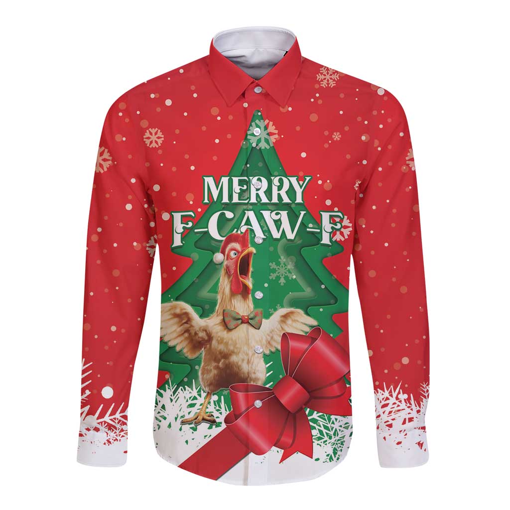 Funny Christmas Chicken Long Sleeve Button Shirt Merry F Caw F - Wonder Print Shop