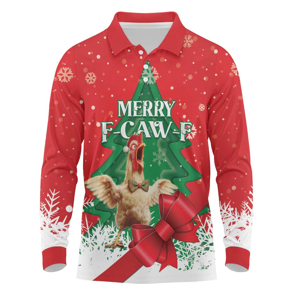 Funny Christmas Chicken Long Sleeve Polo Shirt Merry F Caw F - Wonder Print Shop