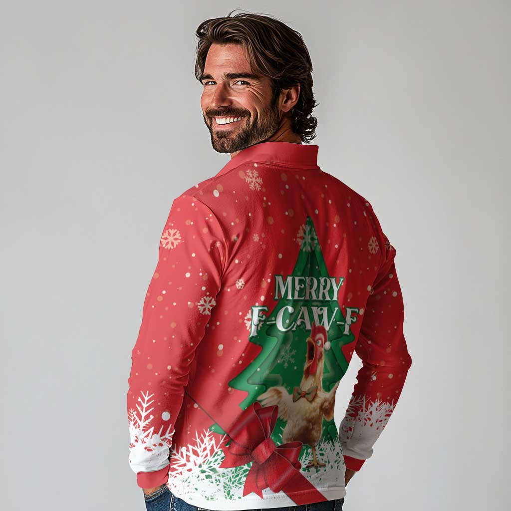 Funny Christmas Chicken Long Sleeve Polo Shirt Merry F Caw F - Wonder Print Shop