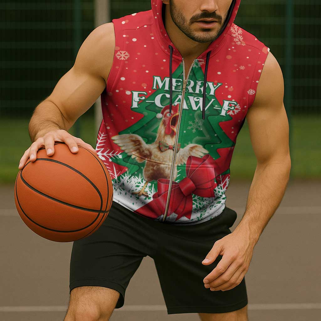 Funny Christmas Chicken Sleeveless Zip Hoodie Merry F Caw F - Wonder Print Shop