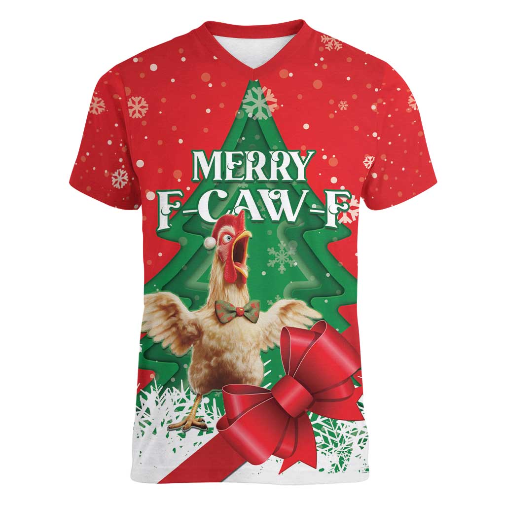 Funny Christmas Chicken Women V-Neck T-Shirt Merry F Caw F - Wonder Print Shop