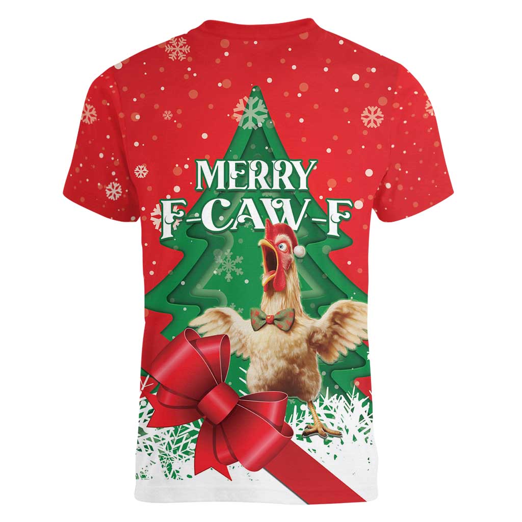 Funny Christmas Chicken Women V-Neck T-Shirt Merry F Caw F - Wonder Print Shop