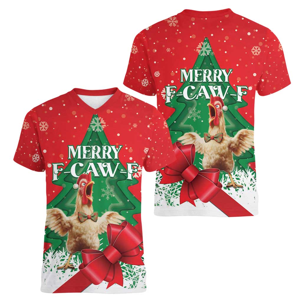 Funny Christmas Chicken Women V-Neck T-Shirt Merry F Caw F - Wonder Print Shop