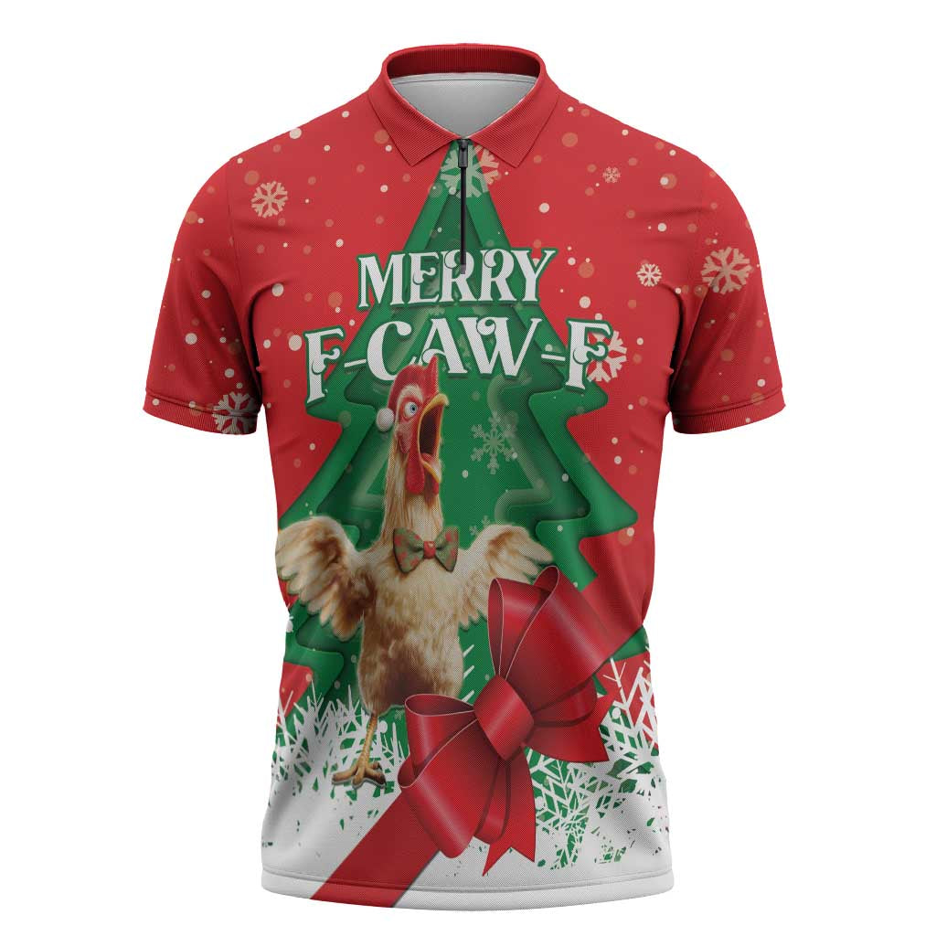 Funny Christmas Chicken Zipper Polo Shirt Merry F Caw F - Wonder Print Shop